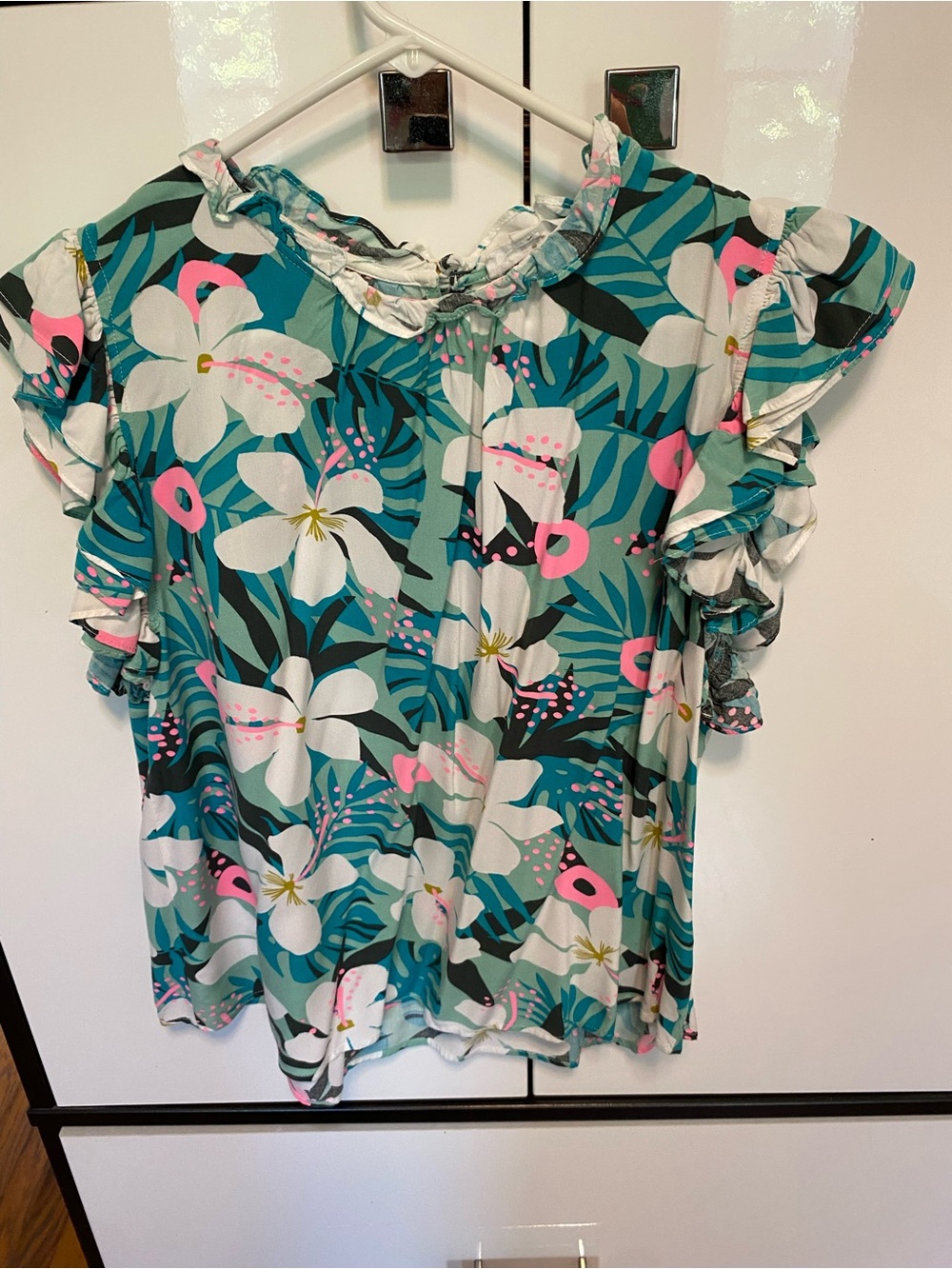 THML Teal Floral Ruffle Sleeve Blouse with Pink Accents